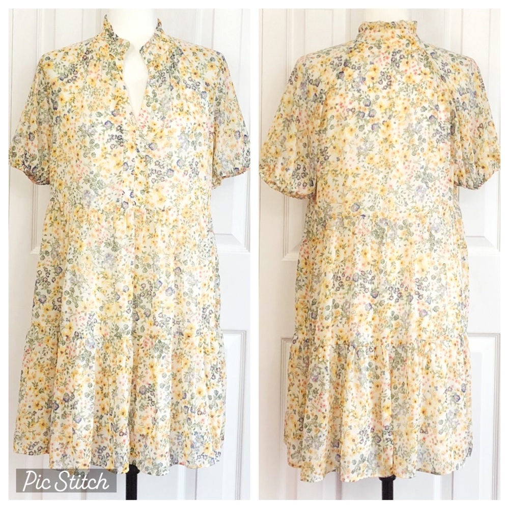 MSK Colorful Floral Print Puff Sleeve Tiered Mini Shift Dress Medium